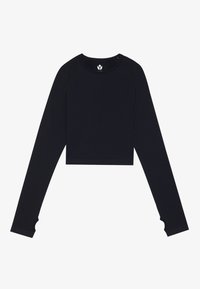 Črn skrajšan dolg rokav top iz gladkega blaga z raglan rokavi in odprtinami za palce. Preprost okrogli izrez s logotipom na sredini hrbta.
