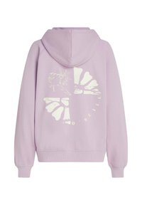 Lyse lilla hettegenser med stort hvitt grafisk trykk på baksiden, med snøring i hetten og ribbestrikkede mansjetter for en tett passform.