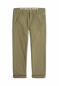 Pantalons kaki avec une coupe droite, en coton, dotés d'une fermeture à bouton, de poches latérales et de bas de jambes retroussés.