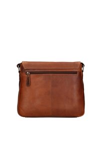 Borsa messenger in pelle marrone con una texture liscia, dotata di chiusura con zip superiore e di una piccola tasca frontale con zip. Design minimalista, forma rettangolare.
