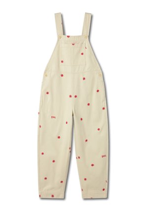 Beige overalls made of cotton, featuring red floral embroidery throughout, adjustable straps, and front pocket detail.