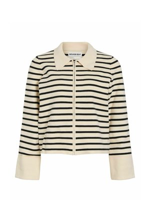 Cremefarbene und schwarze Jacke mit horizontalen Streifen, weitem Kragen, Reißverschluss vorne und breiten cremefarbenen Bündchen an den langen Ärmeln.