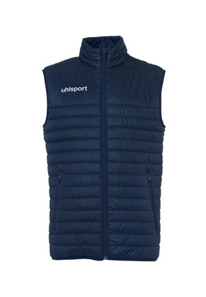 Chaleco acolchado azul marino sin mangas con cremallera frontal, dos bolsillos con cremallera y logo "uhlsport" en el pecho izquierdo.