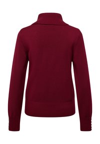 Bordeauxfarbener Pullover mit hohem Kragen, gerippten Bündchen und Knopfdetails an den Ärmeln, gefertigt aus weichem Strickstoff.
