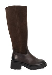 Brown leather and suede knee-high boot with a chunky black sole and subtle seam details. The upper features a smooth texture contrast.