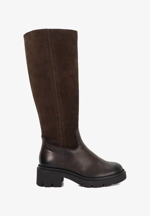 Brown leather and suede knee-high boot with a chunky black sole and subtle seam details. The upper features a smooth texture contrast.