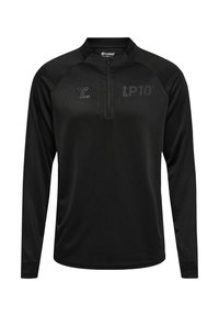 Zwart sportshirt met lange mouwen en kwart rits, gemaakt van vochtafvoerend materiaal. Bevat een matte logo en 'LP10' bedrukt op de borst.