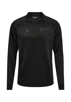 Zwart sportshirt met lange mouwen en kwart rits, gemaakt van vochtafvoerend materiaal. Bevat een matte logo en 'LP10' bedrukt op de borst.