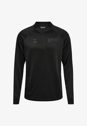 T-shirt de sport noir à manches longues avec zip quart, fabriqué en tissu évacuant l'humidité. Comprend un logo mat et 'LP10' imprimé sur la poitrine.