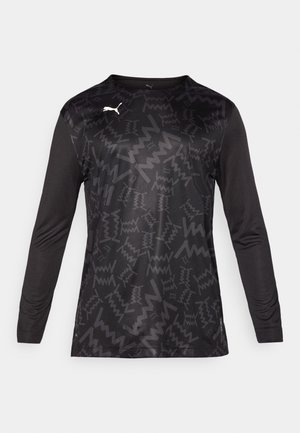 Long-sleeve athletic shirt in black with a textured zigzag pattern, featuring a round neckline and logo accent in white on the front.