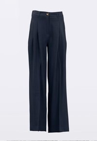 Pantaloni largi bleumarin din țesătură texturată, cu nasture frontal, pliuri și talie netedă pentru o croială ajustată.