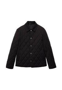 Chaqueta negra acolchada con un cuello clásico, cierre de botones a presión y un patrón de diamantes texturizado en la tela. Material suave y mangas largas.