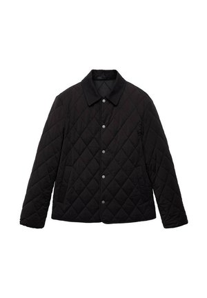 Black quilted jacket with a classic collar, snap button closure, and textured diamond pattern on the fabric. Soft material and long sleeves.