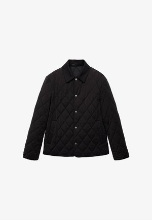 Czarna pikowana kurtka z klasycznym kołnierzem, zapięciem na napy i teksturowanym wzorem diamentów na tkaninie. Miękki materiał i długie rękawy.