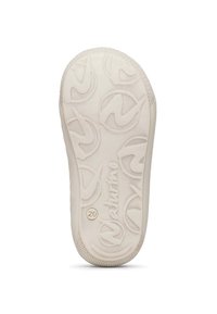 Bílá gumová podrážka obuvi s texturovaným povrchem, která obsahuje opakující se design loga a kruhový vzor. Zaoblené okraje a decentní branding.