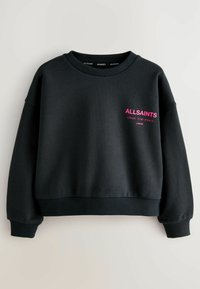 Čierna mikina so okrúhlym výstrihom, rebrovanými manžetami a lemom. Predná strana je zdobená jasnoružovým logom "ALLSAINTS". Hladká textúra.