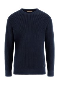 Marinblå stickad tröja med ribbad textur, rundad halsringning och långa ärmar. Har en logotyp patch i nederkant.