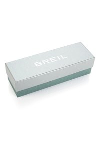 BREIL presentask i silver och teal, rektangulär form, med en texturerad yta och en tryckt logotyp på locket.