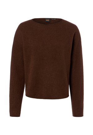 Pull en maille marron foncé à manches longues avec col rond, fabriqué en fil italien doux, avec étiquette de marque à l’intérieur du col.