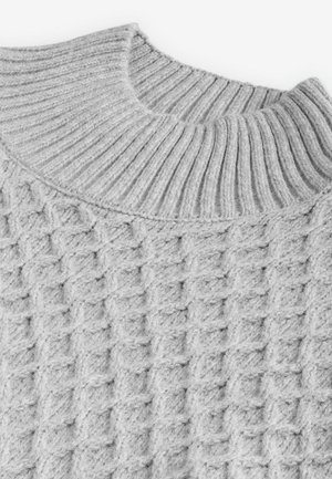 Light grey knitted sweater featuring a textured diamond pattern and a ribbed collar, made from a soft, fuzzy material.