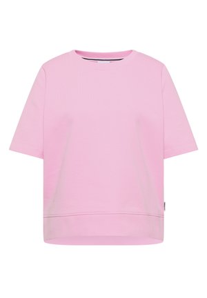 Lyserød kortærmet sweatshirt med rund hals og ribkant i bund og ærmer, vist mod en hvid baggrund.