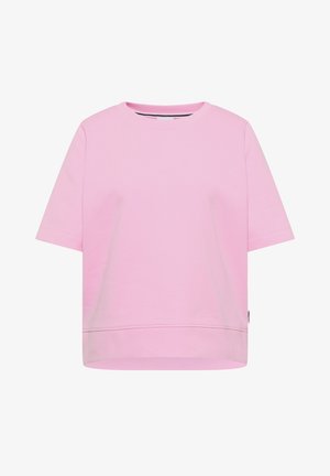 Sweat-shirt rose clair à manches courtes avec col rond, ourlet et poignets côtelés, présenté sur fond blanc.