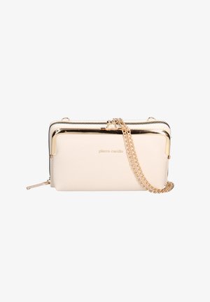 Cream-colored faux leather wallet with gold-tone hardware, zip closure, and a detachable chain strap. Features prominent logo across the front.