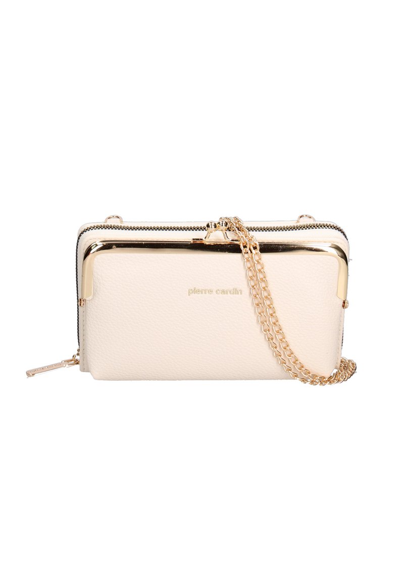 Portafoglio in ecopelle color crema con hardware dorato, chiusura a zip e tracolla rimovibile. Presenta un logo prominente sulla parte anteriore.