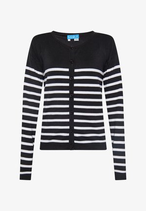 Fekete-fehér csíkos kardigán, V-nyakkal, hosszú ujjakkal és öt elülső gombbal. Puha, könnyű kötött textúra.