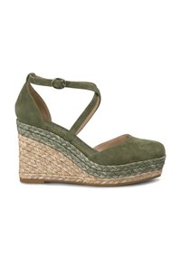 Scarpa a zeppa verde in suede con cinturini incrociati alla caviglia, suola intermedia in juta intrecciata e punta arrotondata. Dettagli testurizzati sulla zeppa.