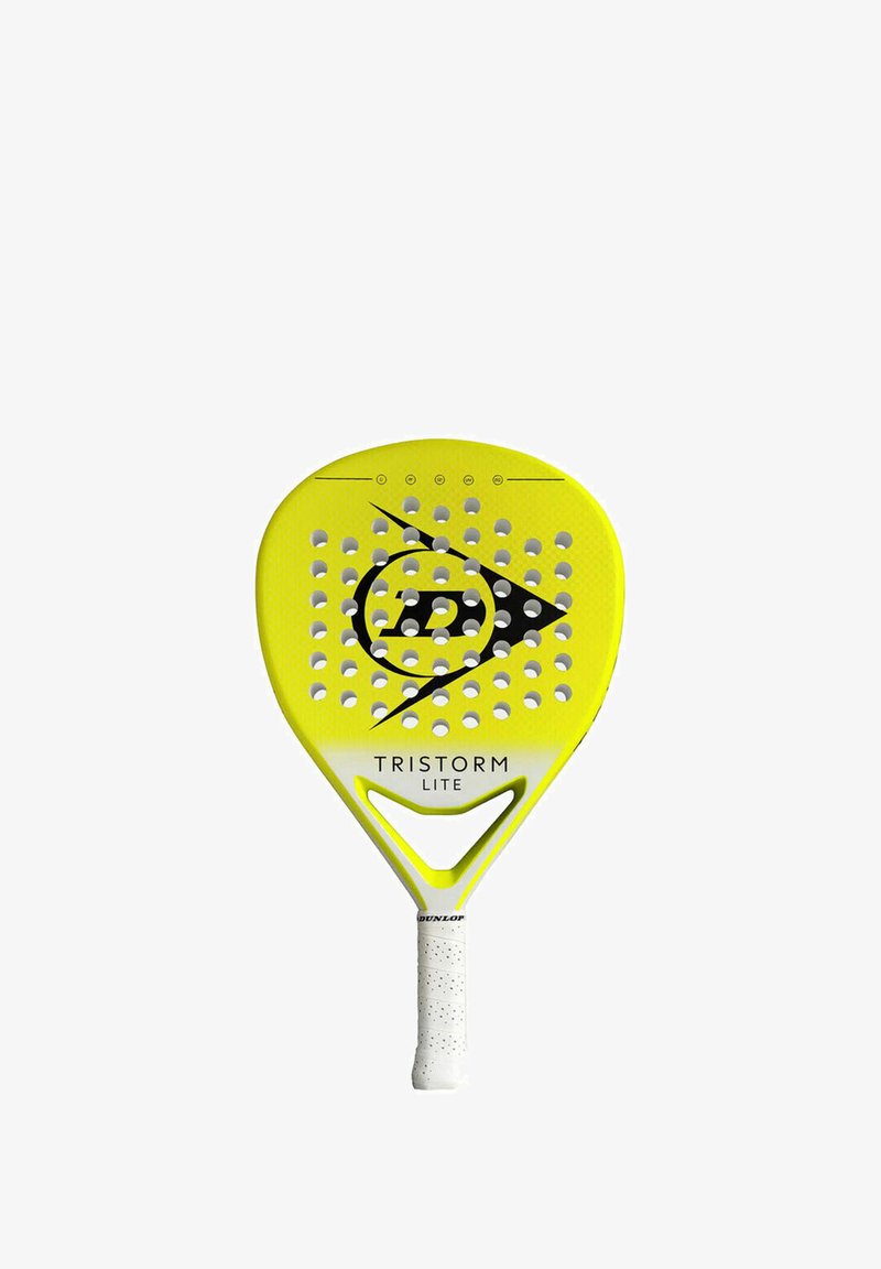 Paddle gialla con superficie perforata, caratterizzata da un logo nero e il testo "TRISTORM LITE". L'impugnatura è bianca con una finitura testurizzata.