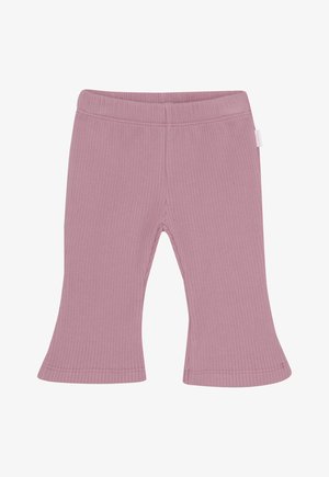 Roze geribbelde gebreide babybroek met elastische tailleband en uitlopende broekspijpen, met een klein zijlabel aan de rechterkant.