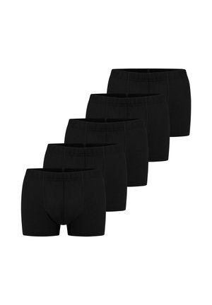 Fünf schwarze Herrenboxershorts in versetzter Reihe angeordnet, die elastische Bund vorne und konturierte Nähte zeigen.