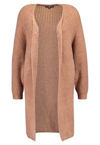Dlouhý cardigan s otevřeným předním dílem v měkké, texturované růžovo-hnědé pletenině. Má spadlé ramena a ribbovaný vnitřek.