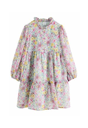 blumenkleid aus leichtem stoff; mit rundem kragen, langen puffärmeln, knopfverschluss und gestuftem rüschensaum. Die farben sind pink, gelb und grün.