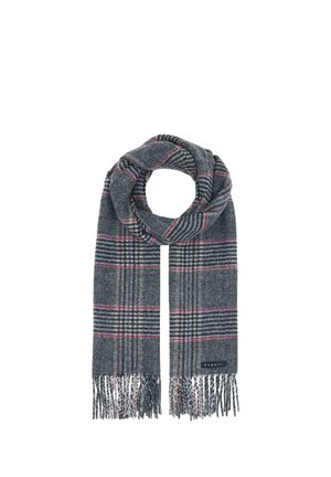 Gray wool scarf with black, white, and red checkered pattern, fringed ends, and a small black label with the brand name bugatti.
