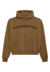Brauner Hoodie mit einer Fronttasche, gerippten Bündchen und einem großen "PROHIBITED"-Logo in dunkler Druckschrift über der Brust. Weicher, strukturierten Stoff.