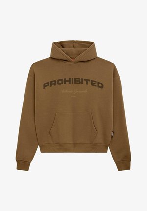 Barna kapucnis pulóver, elülső zsebben, bordázott mandzsettával, és nagy „TILTVA” felirattal sötét nyomtatással a mellkason. Puha, texturált anyagból készült.