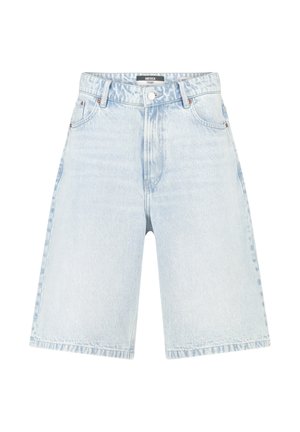 Lichtblauwe denimshorts met hoge taille, knoop- en ritssluiting, riemlussen en voorzakken, met het label "America Today".