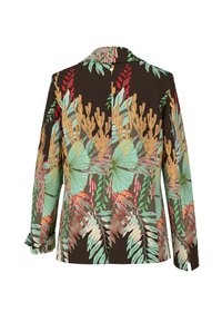Blazer mit floralem Muster auf braunem Hintergrund, mit grünen, roten und beigen botanischen Motiven. Hat einen klassischen Kragen und lange Ärmel.