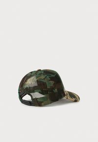 Camouflage-patterned mesh baseball cap with adjustable black snapback strap, shown from the back on a plain white background.