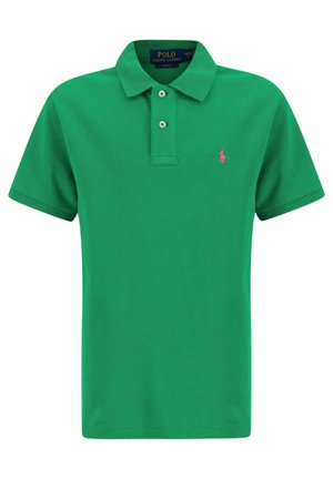 Grøn Polo Ralph Lauren T-shirt med korte ærmer, krave, to knapper og lille lyserødt broderet logo på venstre bryst.
