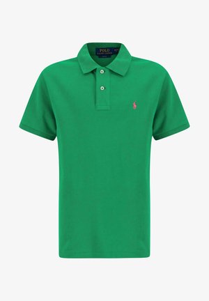 Groen Polo Ralph Lauren poloshirt met korte mouwen, kraag, twee knopen en een klein roze geborduurd logo op de linkerborst.