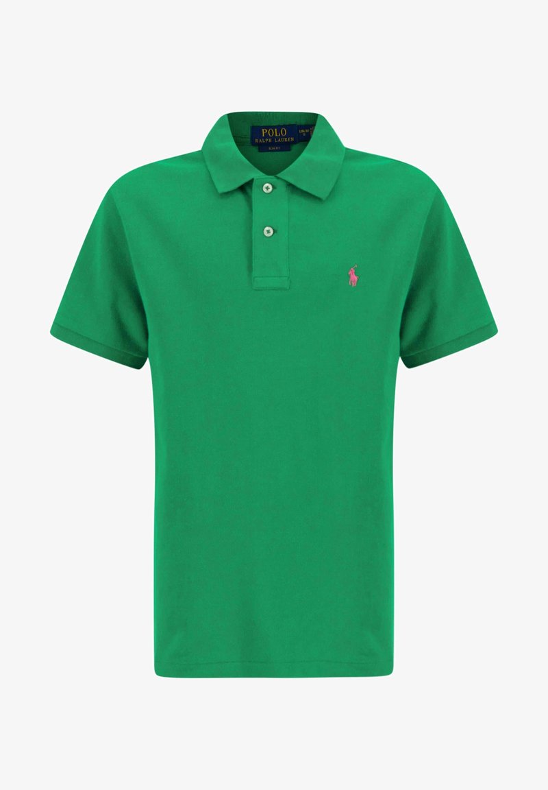 Chemise Polo Ralph Lauren verte à manches courtes avec col, deux boutons et petit logo rose brodé sur la poitrine gauche.