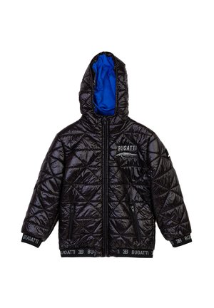 Schwarze Daunenjacke mit Rautenmuster, blauer Innenseite, durchgehender Reißverschluss, sowie elastischen cuffs und Saum mit Logo. Zwei Reißverschlusstaschen.