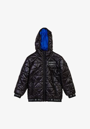 Giubbotto smanicato nero con design a rombi, interni blu, chiusura frontale con zip e polsini ed orlo elastici con logo. Due tasche con zip.