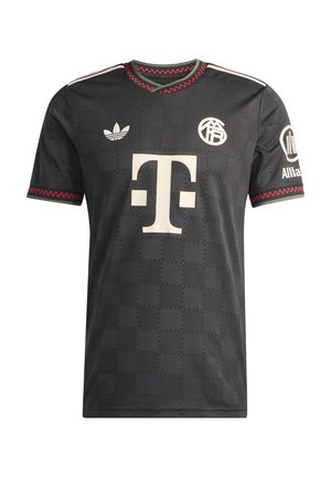 Black soccer jersey with subtle checkered pattern, red check detail on collar and sleeves, white logos including Adidas, Telekom, and Allianz.