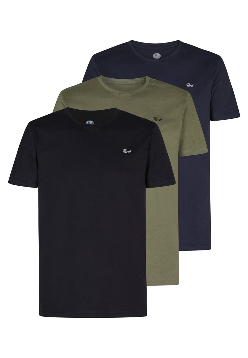 Tre T-shirt a maniche corte in nero, verde oliva e blu scuro, con scollatura tonda e un piccolo logo sul lato sinistro del petto.