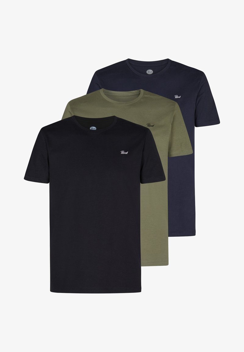 Trei tricouri cu mânecă scurtă, de culoare neagră, verde măsliniu și bleumarin închis, având un decolteu rotund și un logo mic pe pieptul stâng.