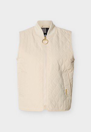 Kreemikas tikandiga varrukateta vest esiläbipaistva tõmblukuga ja kuldse rõngastiinaga, soonikkoes krae ning kaldus küljetaskud Barbouri logo tikandiga.